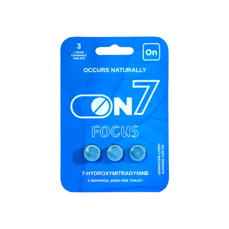 Blue product packaging for ON7 Focus tablets containing 3 pills.