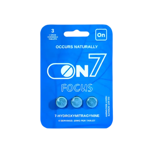 Blue product packaging for ON7 Focus tablets containing 3 pills.