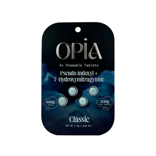 Black product packaging card containing 4 chewable OPIA tablets.