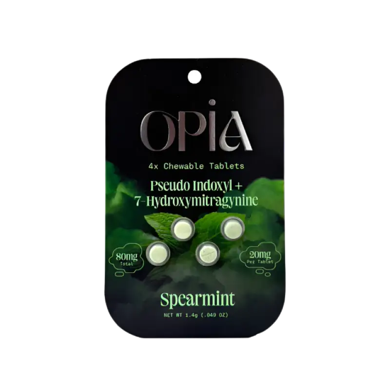 Black package of OPIA chewable tablets with spearmint flavor.