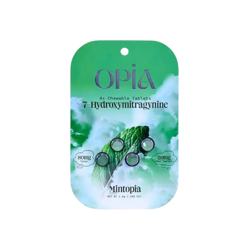 Green and white product packaging labeled ’OPIA’ with a chemical structure design.