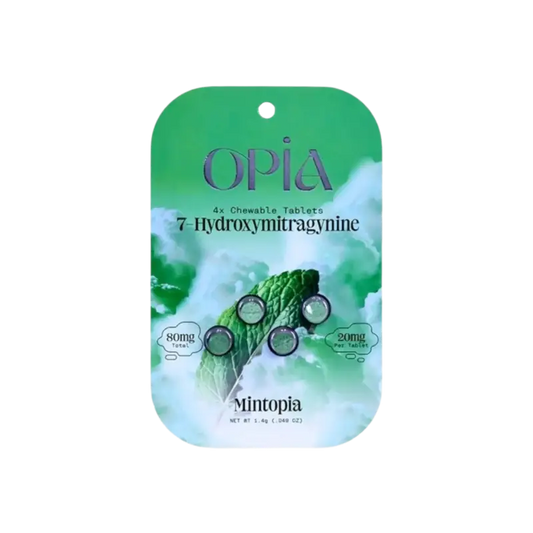 Green and white product packaging labeled ’OPIA’ with a chemical structure design.