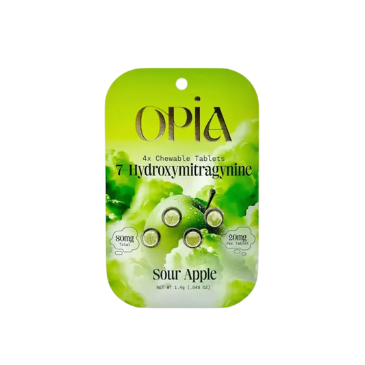 Green package of OPIA brand sour apple flavored chewable tablets.