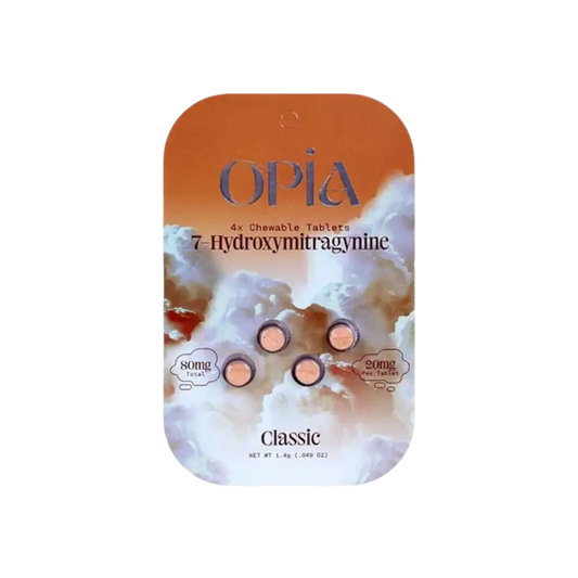 Orange-colored product packaging for OPIA 7-Hydroxymitragynine capsules.