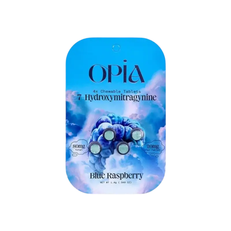 Blue raspberry flavored 7-hydroxymitragynine product package with a molecular structure design.