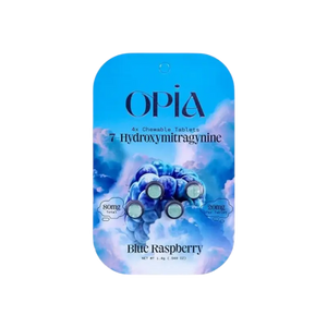 Blue raspberry flavored 7-hydroxymitragynine product package with a molecular structure design.