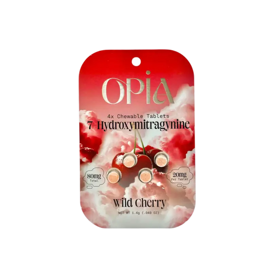 Red package of OPIA wild cherry flavored 7-hydroxymitragynine chewable tablets.