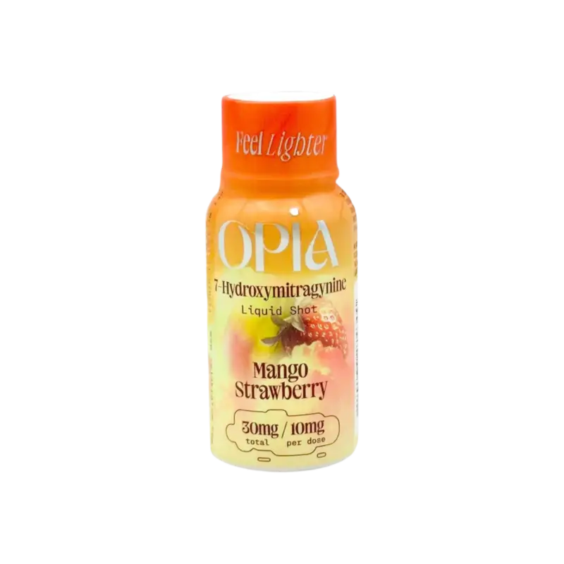 Orange and yellow bottle of Opia mango strawberry drink.