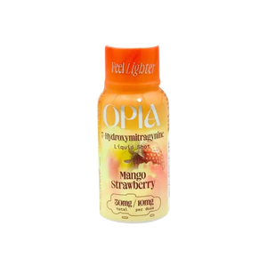 Orange and yellow bottle of Opia mango strawberry drink.