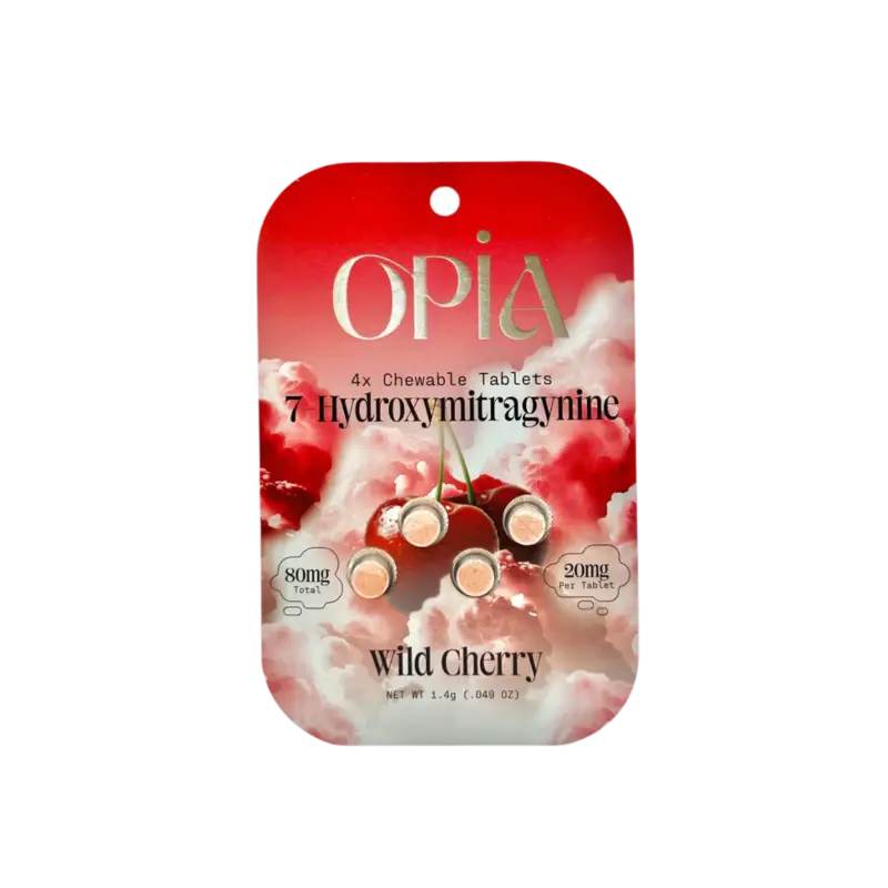 Red package of OPIA wild cherry flavored 7-hydroxymitragynine chewable tablets.