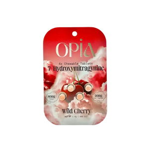 Red package of OPIA wild cherry flavored 7-hydroxymitragynine chewable tablets.