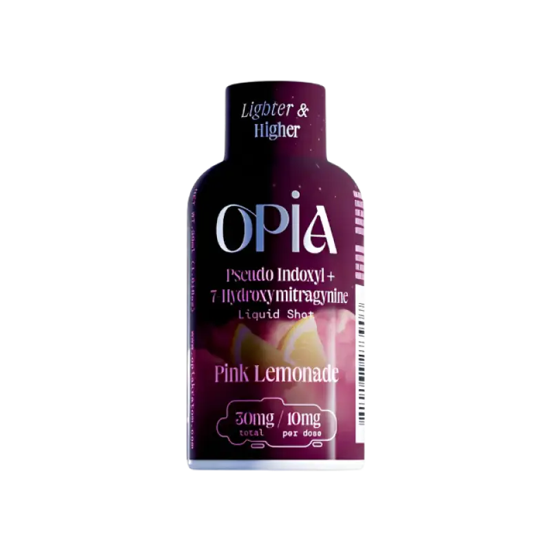 Purple bottle of Opia Pink Lemonade liquid shot containing mitragynine.