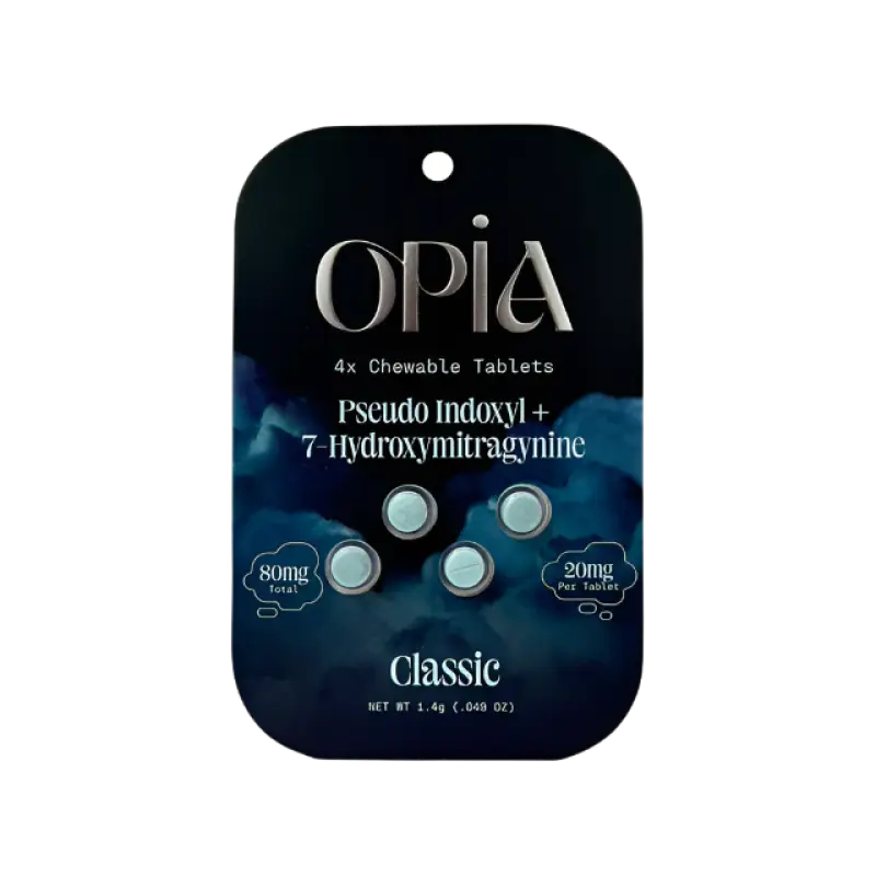 Black product packaging card containing 4 chewable OPIA tablets.