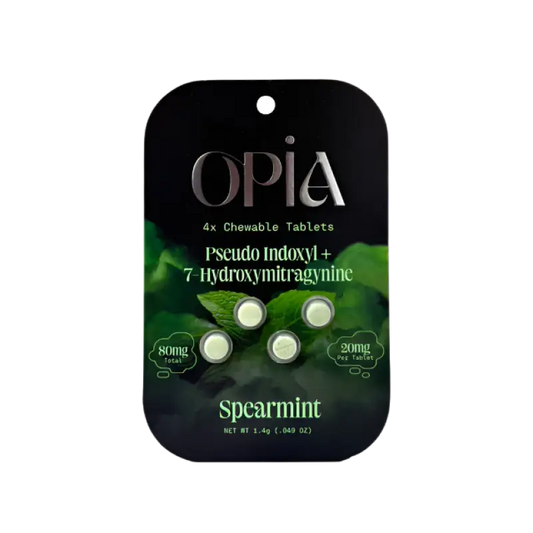 Black package of OPIA chewable tablets with spearmint flavor.