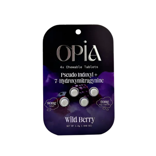 Package of OPIA chewable tablets in Wild Berry flavor.