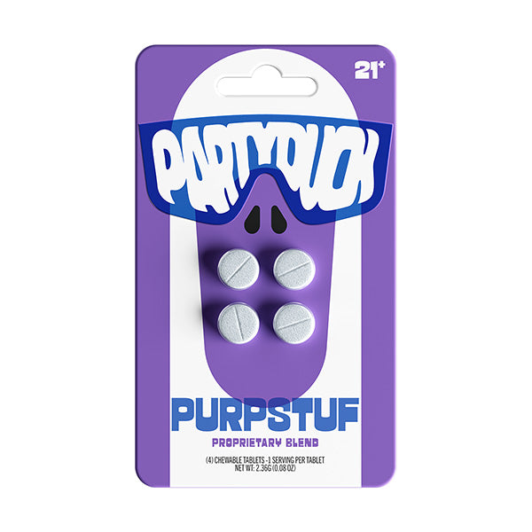 Purple packaging of 'Partypill' with white tablets on a white background