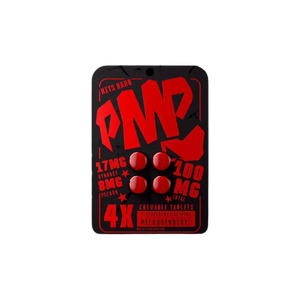 Red and black skateboard bearing sticker with ’PMP’ text and circular dots.