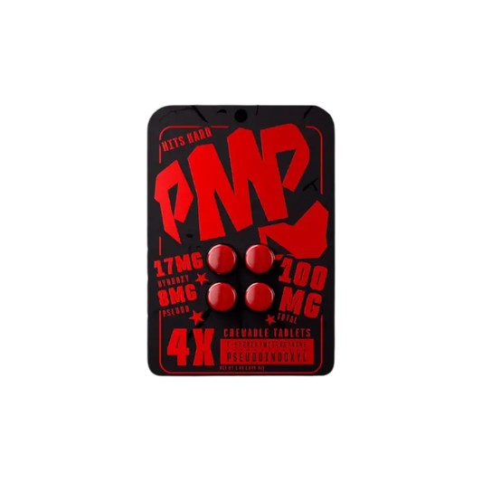 Red and black skateboard bearing sticker with ’PMP’ text and circular dots.