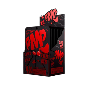 Black and red PMP pre-workout supplement box with product packets inside.