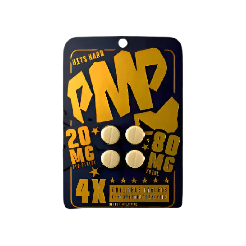 Black and gold blister pack containing four round tablets labeled ’PMP’