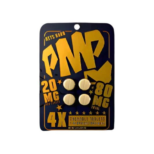 Black and gold blister pack containing four round tablets labeled ’PMP’