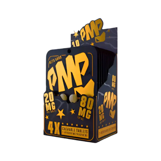 Black and orange product box labeled ’PMP’ with star decorations and ’80 MG’ text.