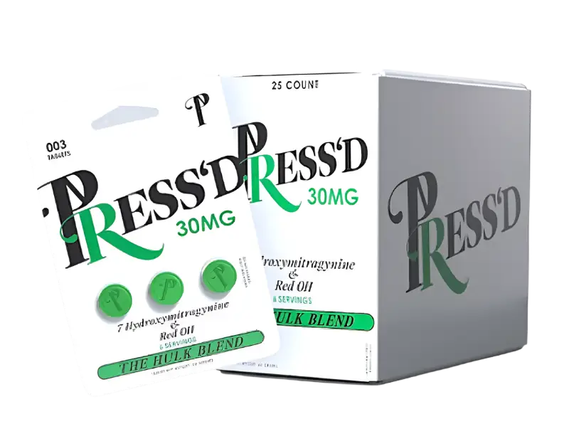 Medication box labeled ’PRESS’D 30MG’ with green accents and text.