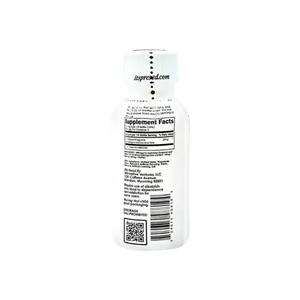 White bottle with supplement facts label and QR code on the back.