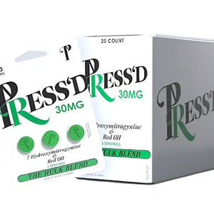 Medication box labeled ’PRESS’D 30MG’ with green accents and text.