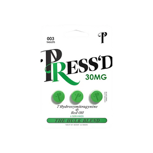 Stylized product packaging design for ’Press’d 30MG’ featuring green pills and text.