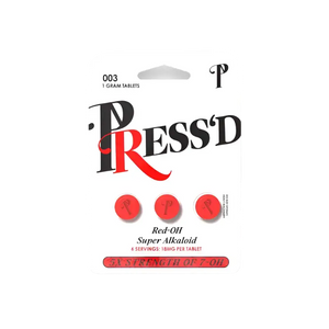 Red and black ’PRESS’D’ logo with three red circular tablets below it on a product package.