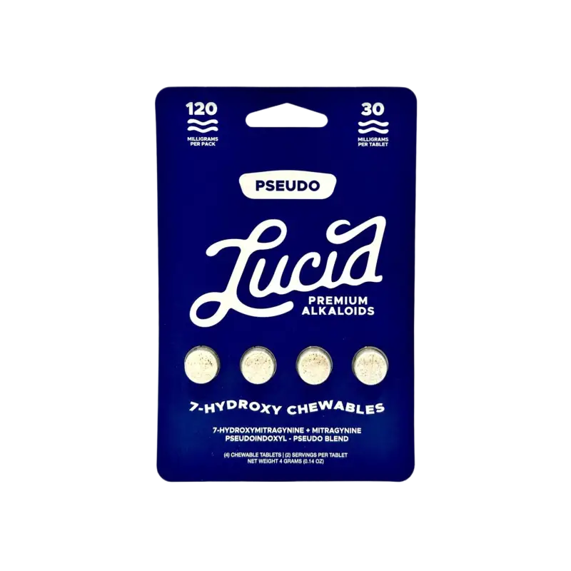 Dark blue product package containing four white circular tablets labeled ’Pseudo Lucid Premium Alkaloids’