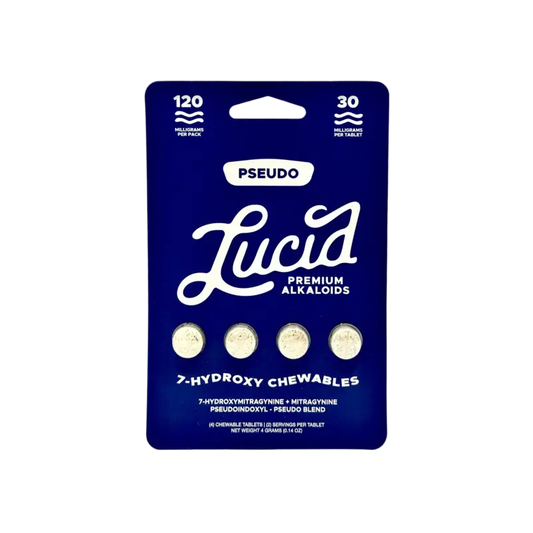 Dark blue product package containing four white circular tablets labeled ’Pseudo Lucid Premium Alkaloids’