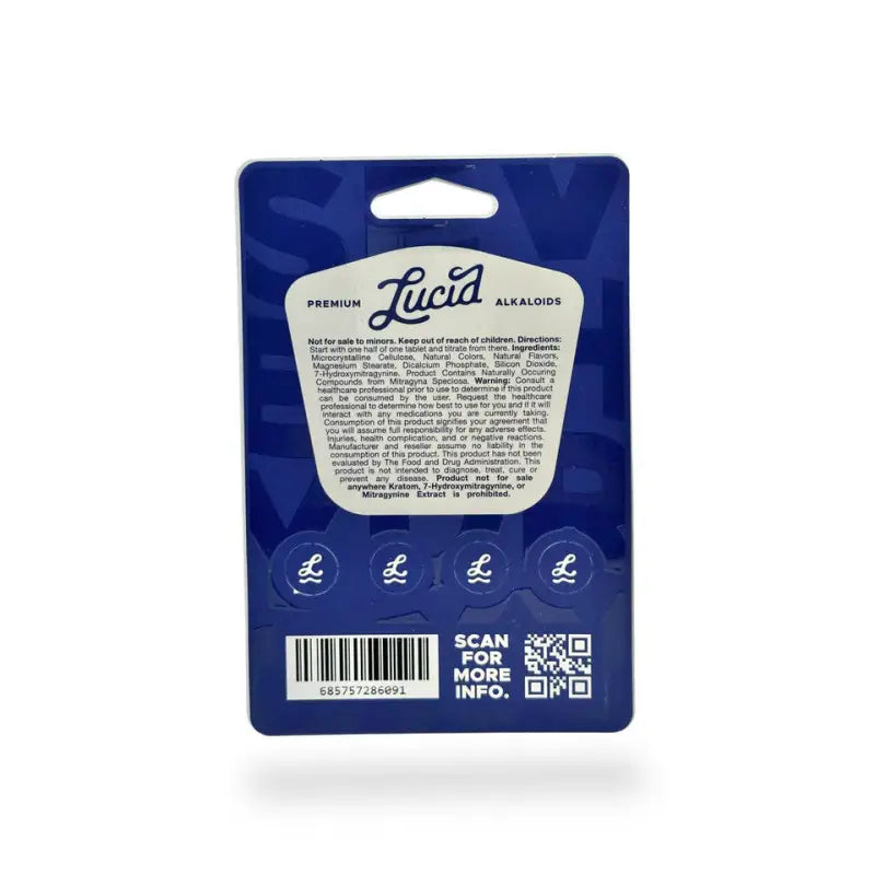 Blue product packaging card with Lucia branding and QR codes on the back.