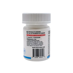 Bottle of tablets with ingredients listed.