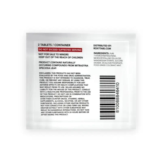 Kratom supplement packaging with dosage and warning information.