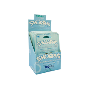 Display box containing Snorph’s brand product packets in turquoise/mint green coloring.