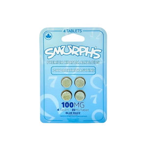 A blue package of ’Smorphs’ cannabis tablets containing 4 pills at 100mg strength.