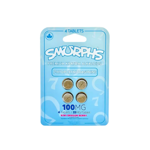 A blue blister pack of ’Smurph’s’ tablets containing 4 pills labeled as 100mg.