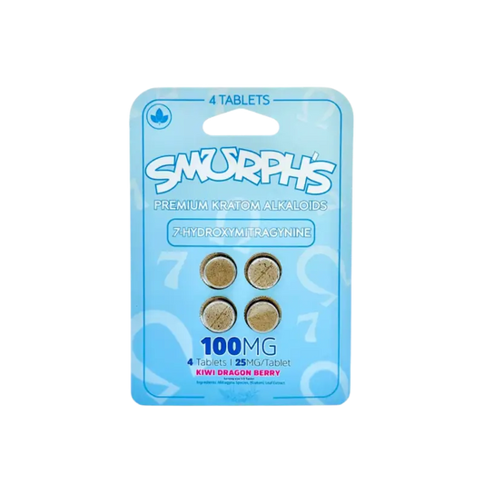 A blue blister pack of ’Smurph’s’ tablets containing 4 pills labeled as 100mg.