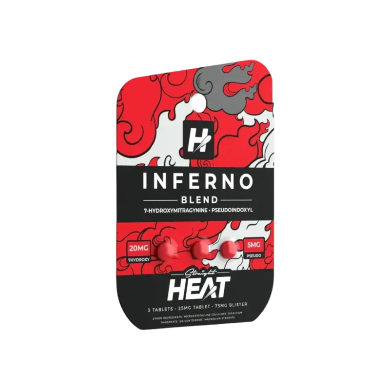 Red and black package of HEAT Inferno Blend pre-workout supplement.