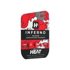 Red and black package of HEAT Inferno Blend pre-workout supplement.