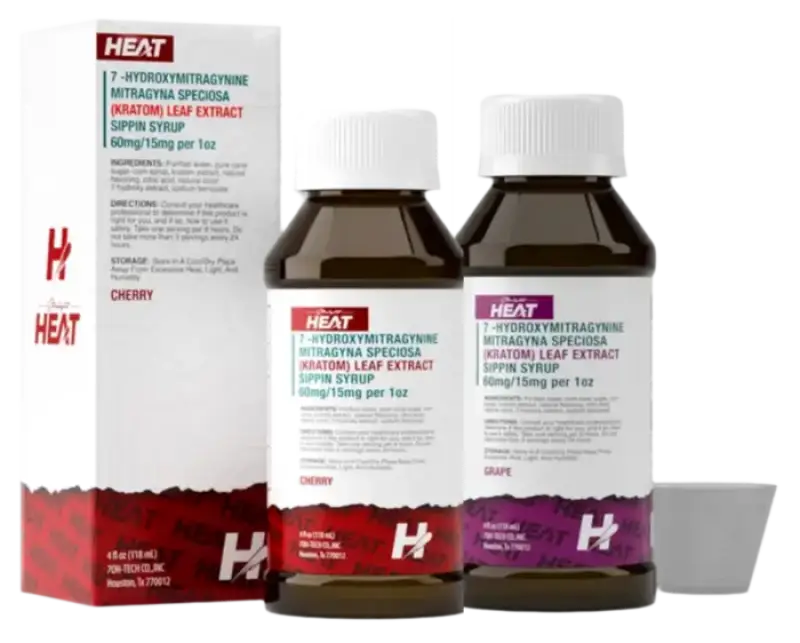 Medicine bottles and packaging with ’HEAT’ branding.