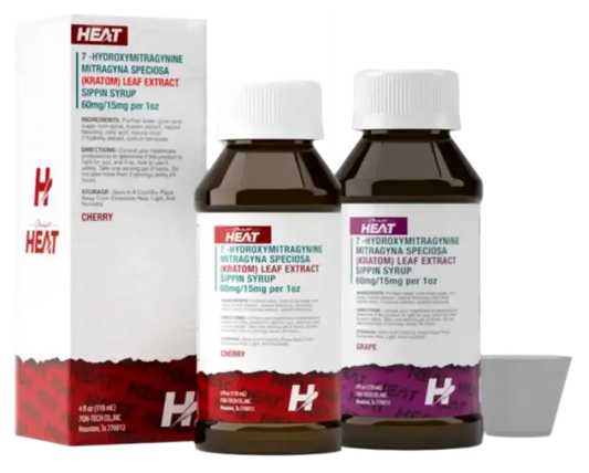 Medicine bottles and packaging with ’HEAT’ branding.