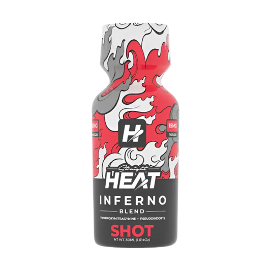 Red and white bottle of Heat Inferno energy shot with abstract swirl pattern.