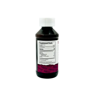 Dark bottle with a supplement facts label and pink/purple design element.