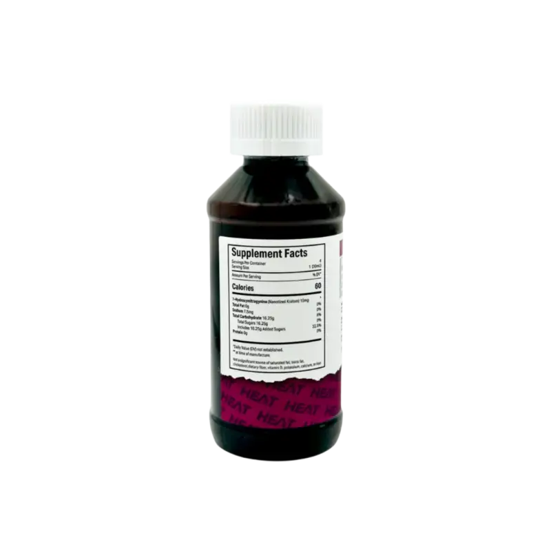 Dark bottle with a supplement facts label and pink/purple design element.