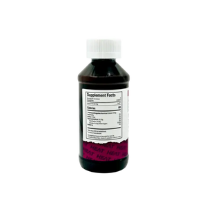 Dark bottle with a supplement facts label and pink/purple design element.