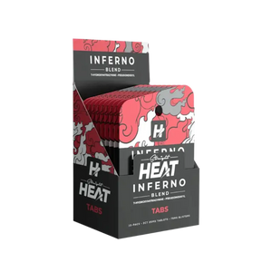 Product box of Heat Inferno blend tabs with red and black packaging design.