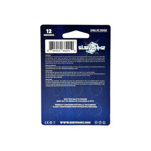 Back of a retail product packaging card with blue coloring and white text.